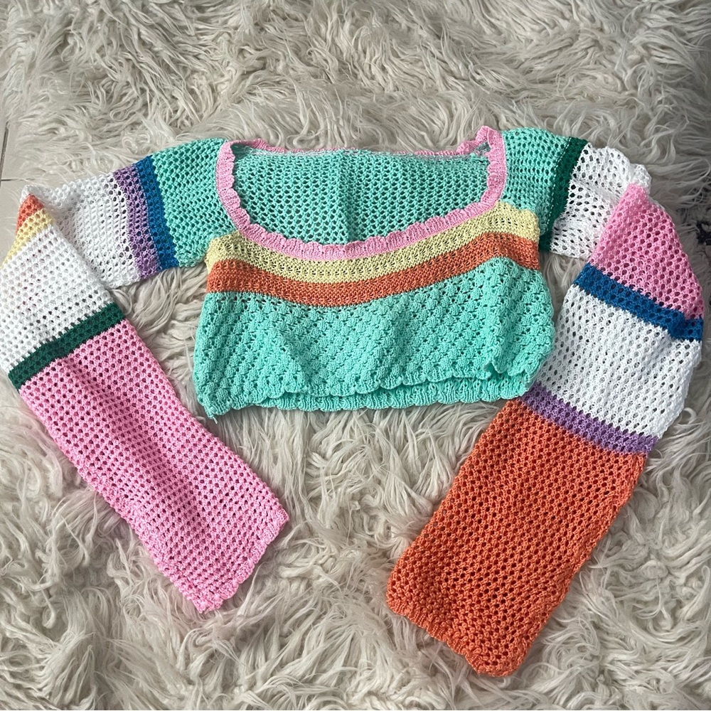 Colorful Crochet Long Sleeve Crop Top